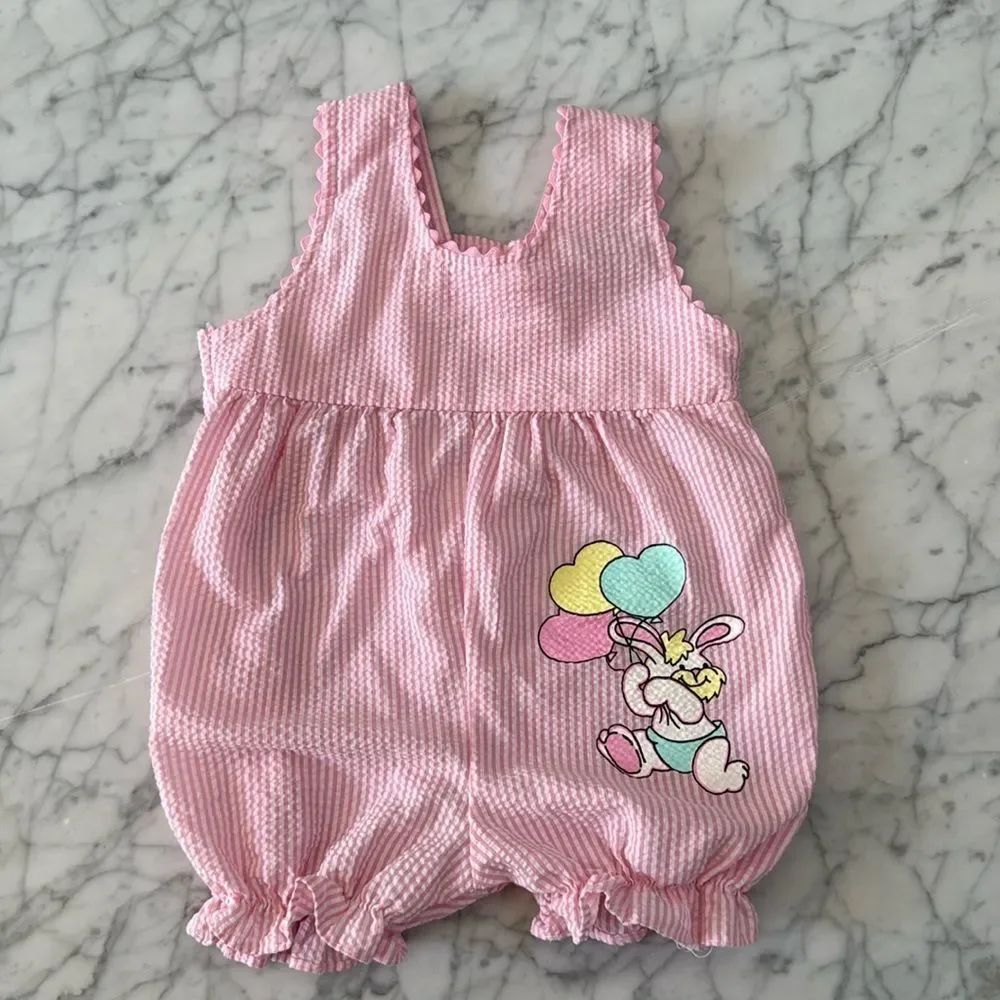 Vintage Baby Girl Pink Striped Ruffle Bubble Romper 6-12M Bunny Balloons